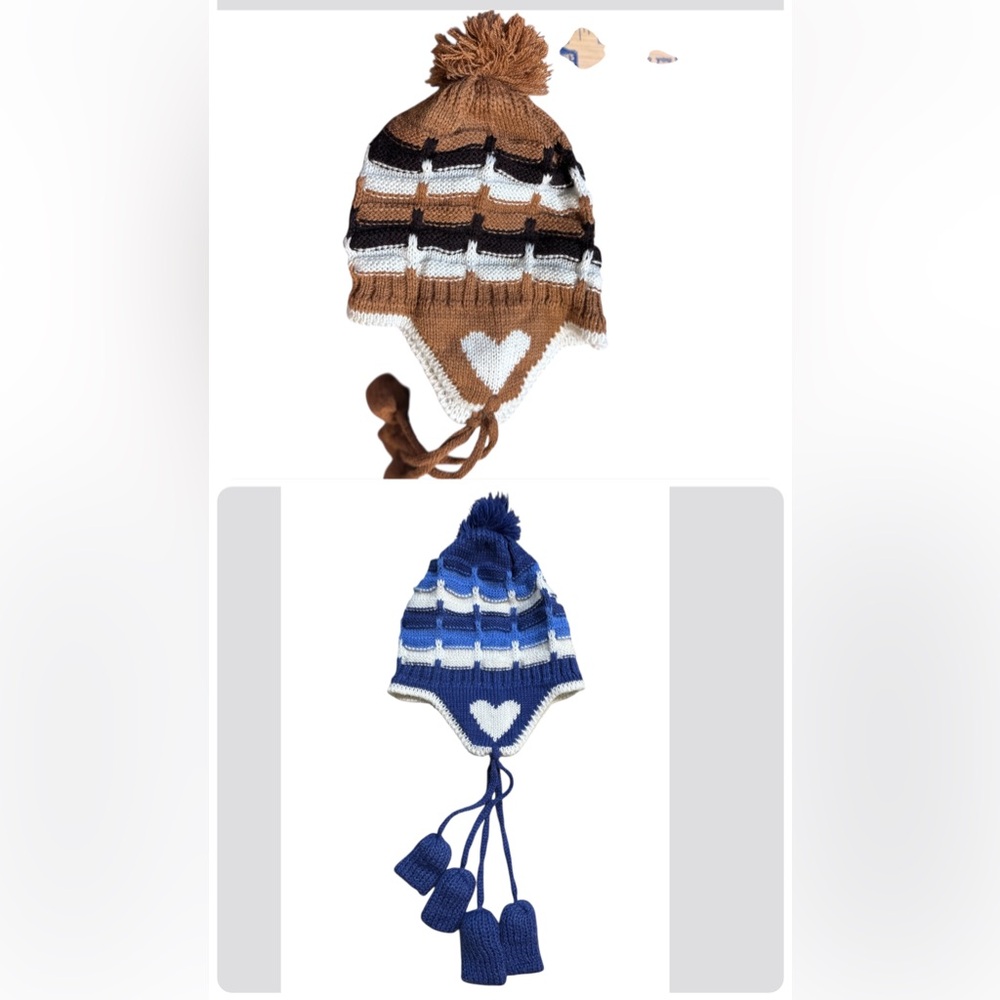 Set of 2 Adorable Chollo style  Unisex kids Knit Hats ear flaps and Pom Pom